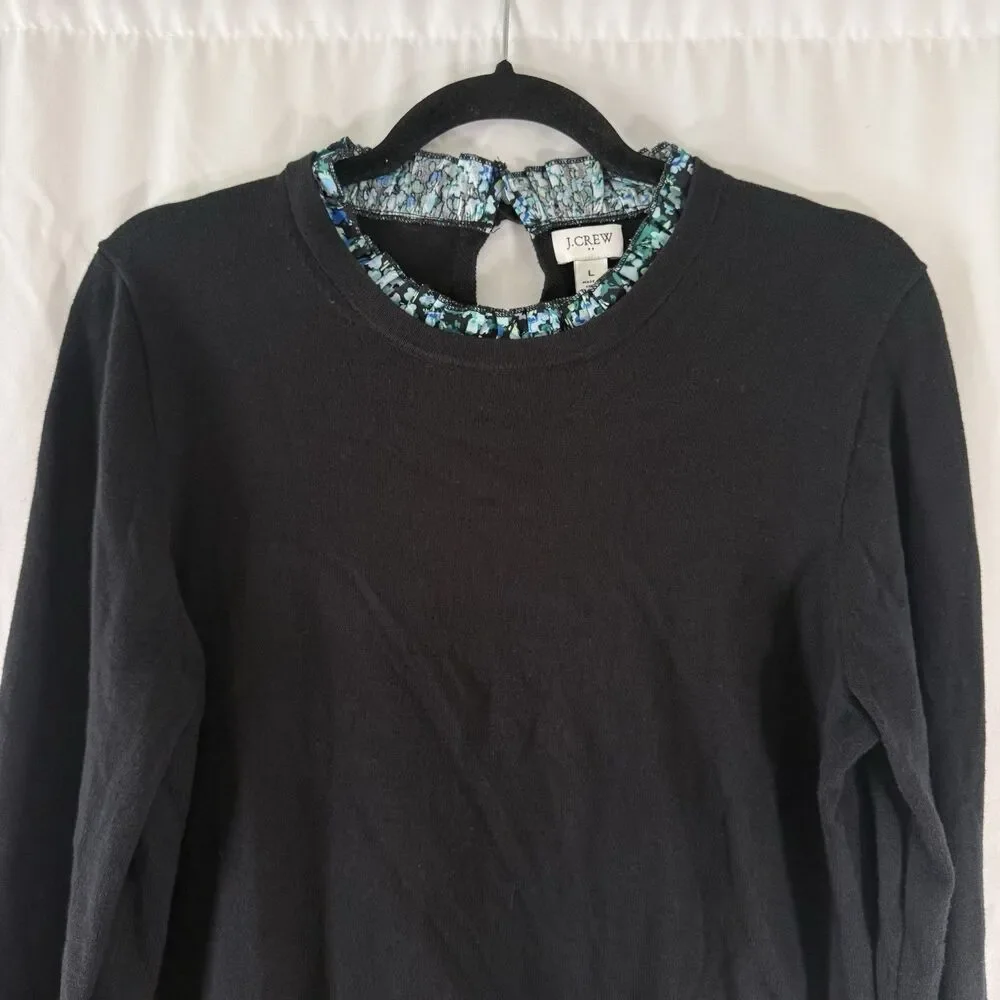 J. Crew Sweater Women's Large Black Ruffle Trim Long Sleeve Knit Hook Loop